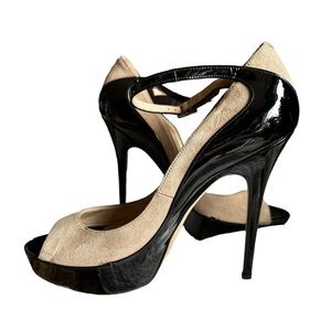 Jimmy Choo Black Patent Leather & Tan Suede Mary Jane Peep-toe Stilettos 🔥